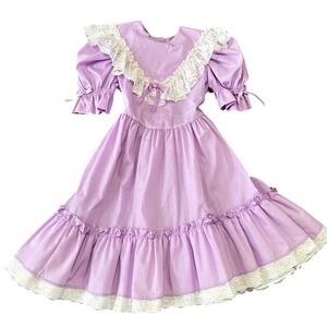 Vintage Mini World Girls Purple Prairie Dress Lace Ruffle Puff Sleeve Lilac XS